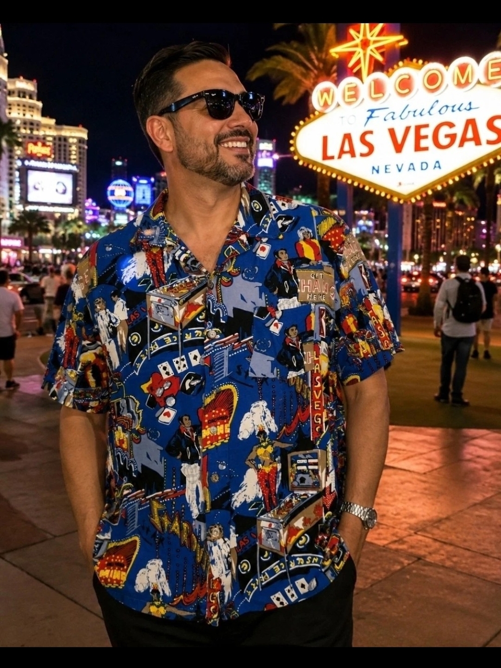 Kennington Men's Las Vegas Graphic Button-Up Shirt L Blue Multicolor Rayon Woven